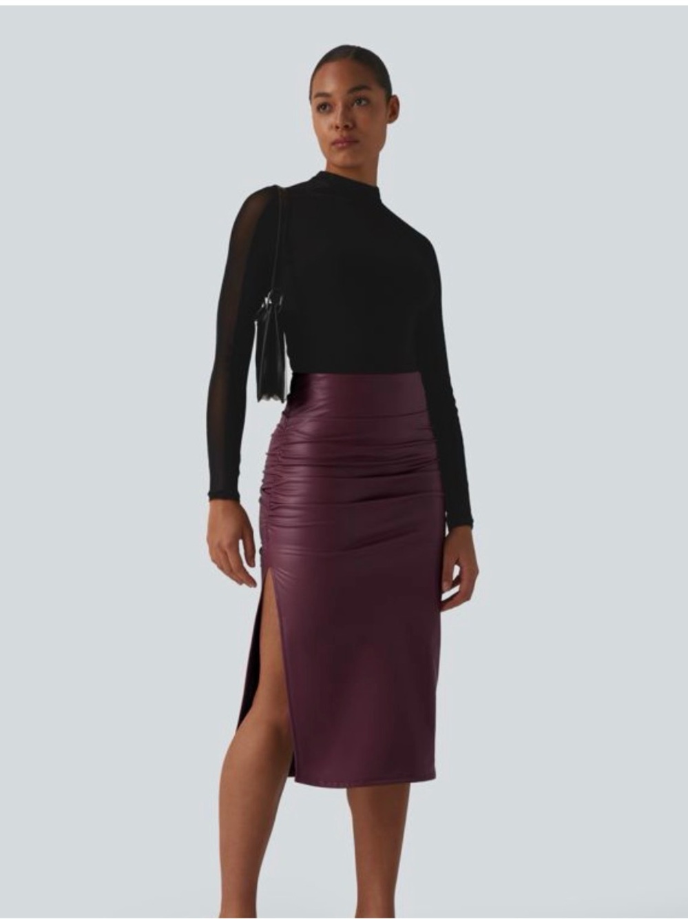 HALARA Plum Faux Leather Ruched Midi Skirt with Side Slit